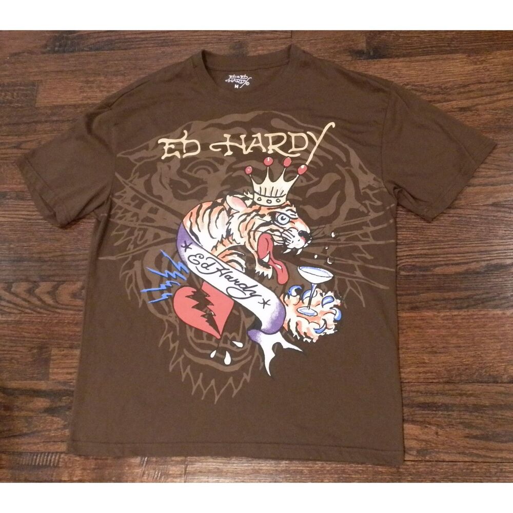 Ed by Ed Hardy Y2K Brown T-Shirt Tiger Design Men's Size Medium